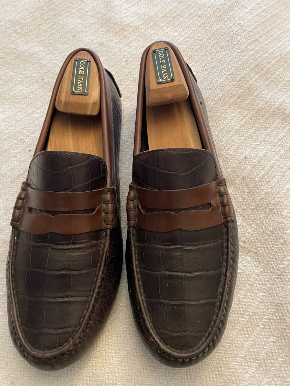 Cole Haan Dark Brown Croc-Embossed Leather Penny Loafers - Picture 2 of 7